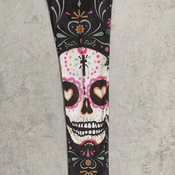 Art In Sport Womens Sugar Skull full length Leggings Size Large Grunge Boho Goth - Picture 2 of 5
